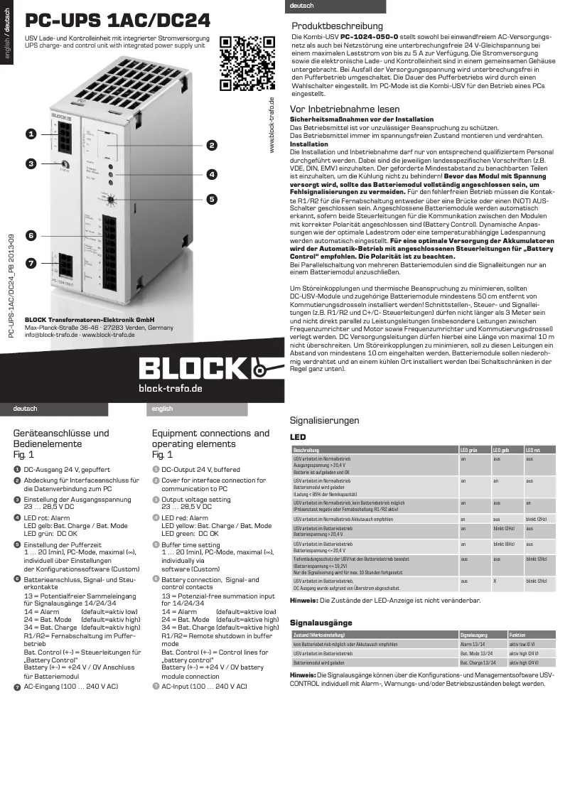 Page n°1 - Manuel utilisateur Block PC-1024-050-0