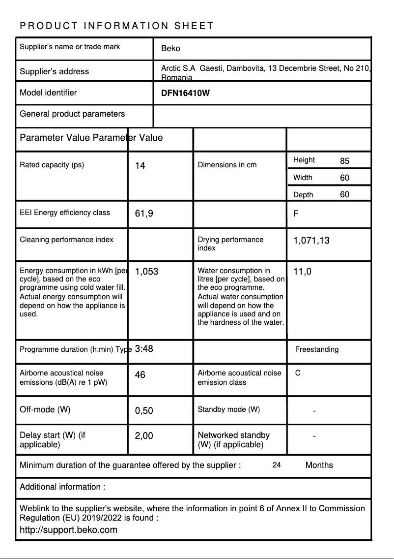 Page 1 de la notice Fiche technique Beko DFN16410W