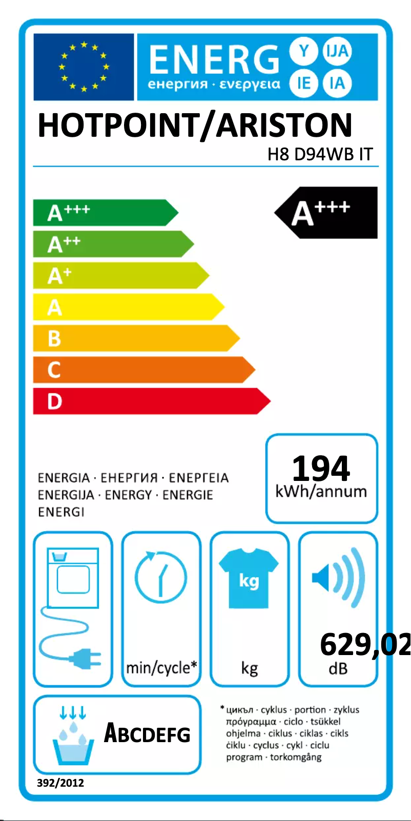 Page n°1 - Label énergétique Hotpoint H8 D94WB IT