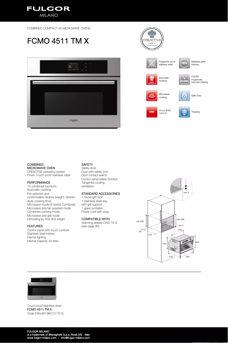 Page n°1 - Fiche technique Fulgor Milano FCMO 4511 TM