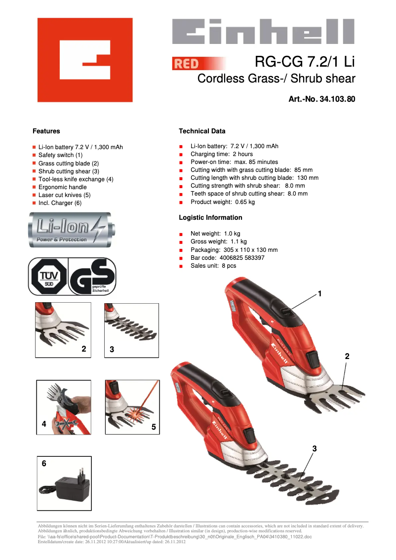Page 1 de la notice Fiche technique Einhell RG-CG 7,2/1 Li