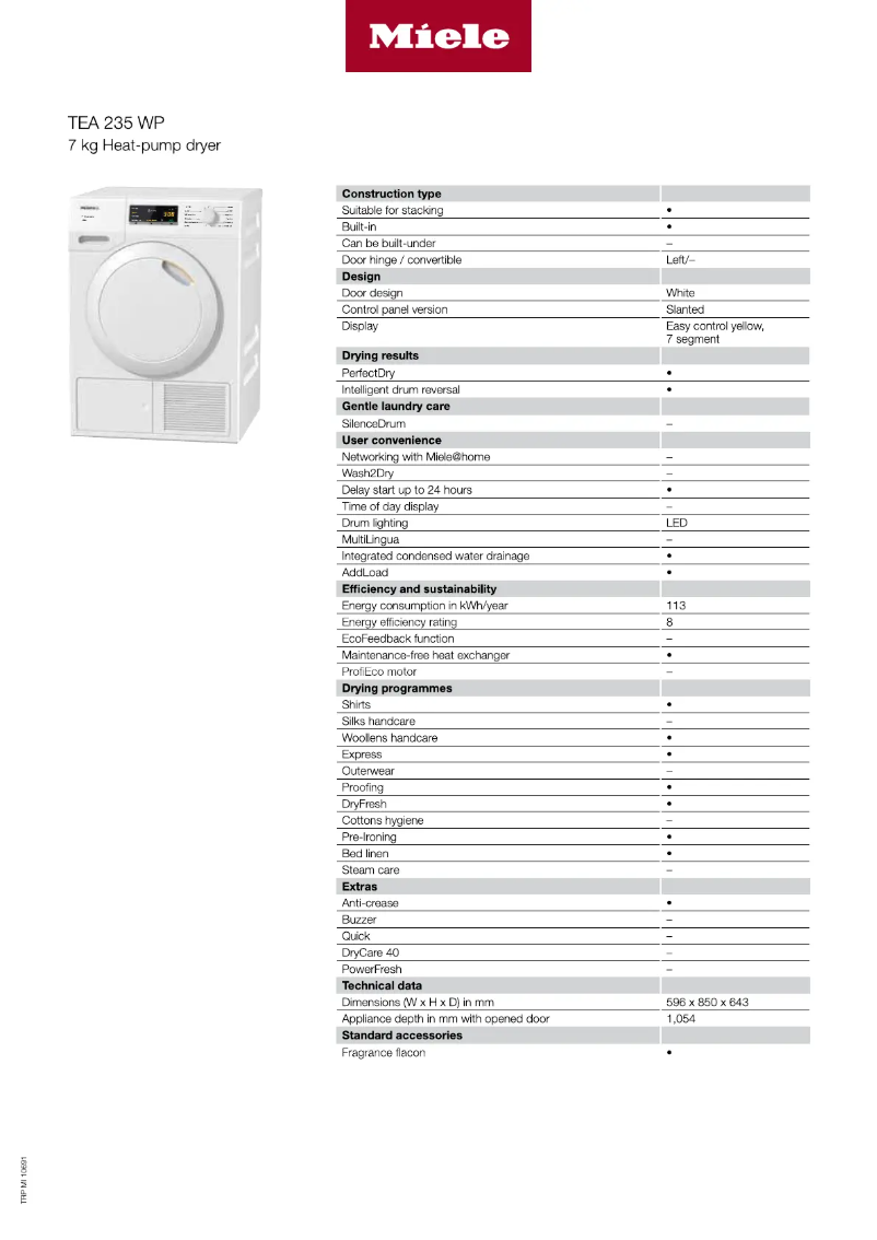 Page 1 de la notice Fiche technique Miele TEA235WP