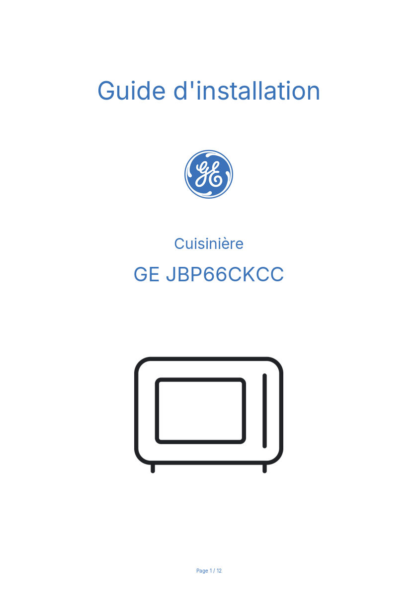 Page n°1 - Guide d'installation GE JBP66CKCC