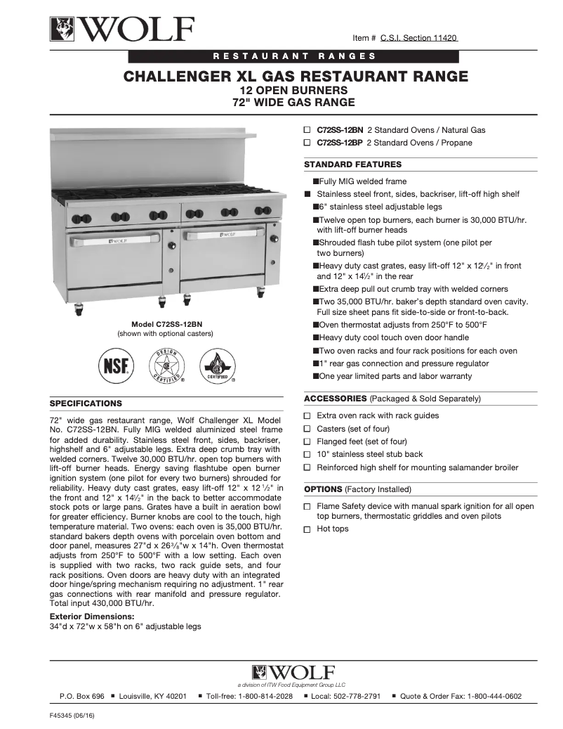 Page 1 de la notice Fiche technique Wolf C72SS-12B