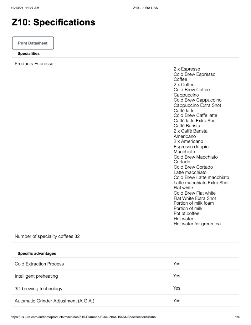 Page n°1 - Fiche technique Jura Z10