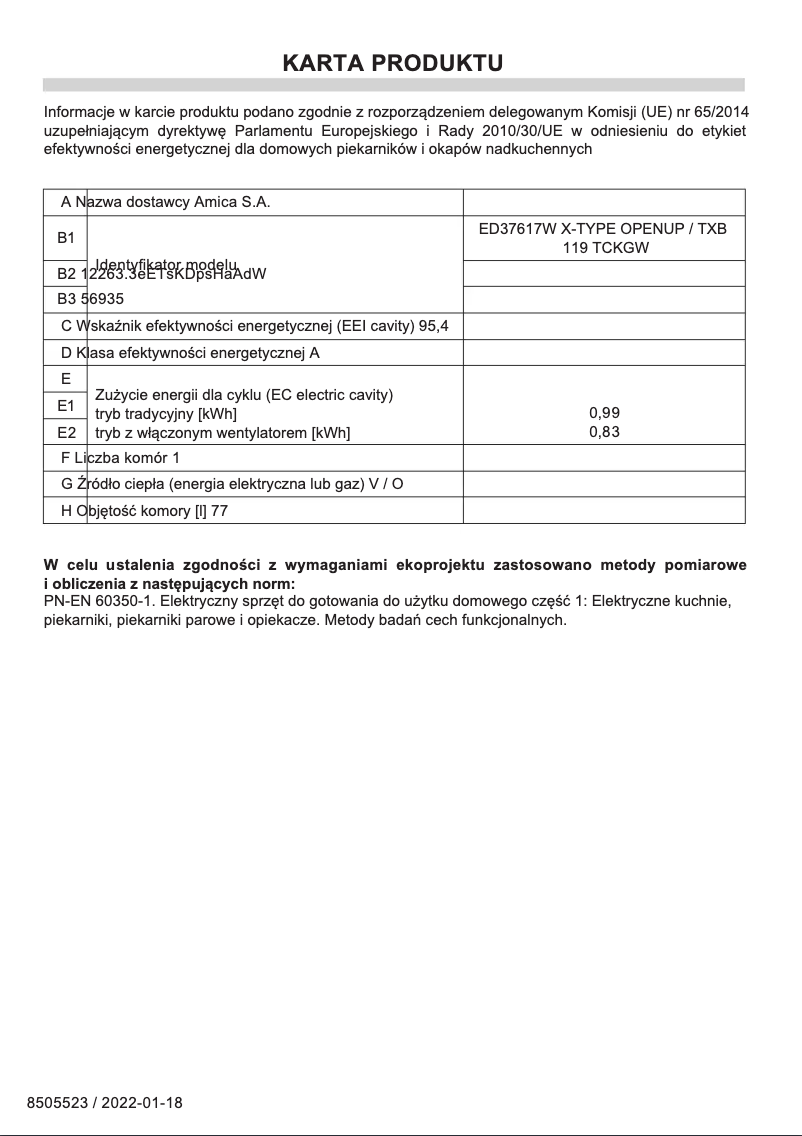 Page 1 de la notice Fiche technique Amica ED37617W