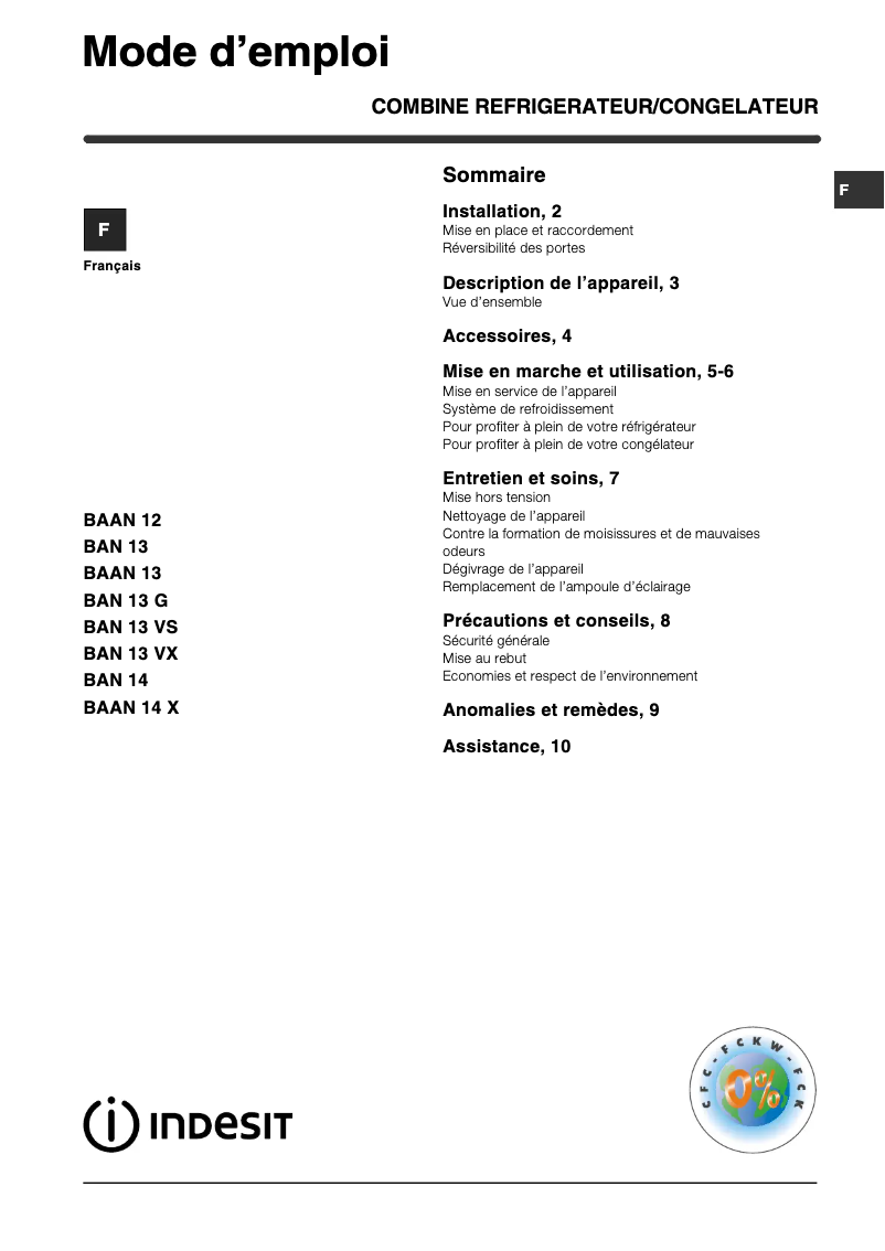 Page 1 de la notice Manuel utilisateur Indesit BAN 13 V (FR)