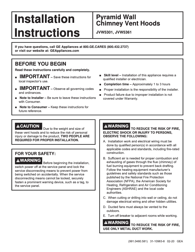 Page 1 de la notice Guide d'installation GE JVW5361BJTS