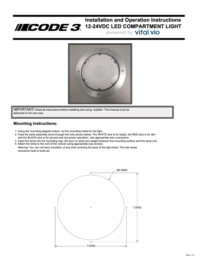 Page 1 de la notice Manuel utilisateur Code 3 PCL-LED-VV