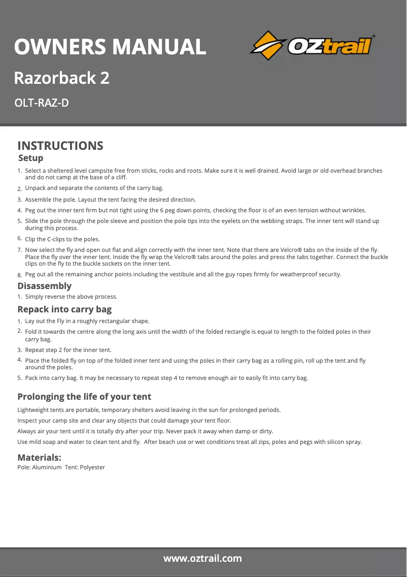 Página 1 del manual Manual de usuario OZtrail Razorback 2