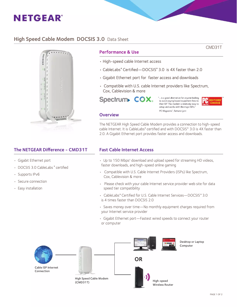 Page 1 de la notice Fiche technique Netgear CMD31T