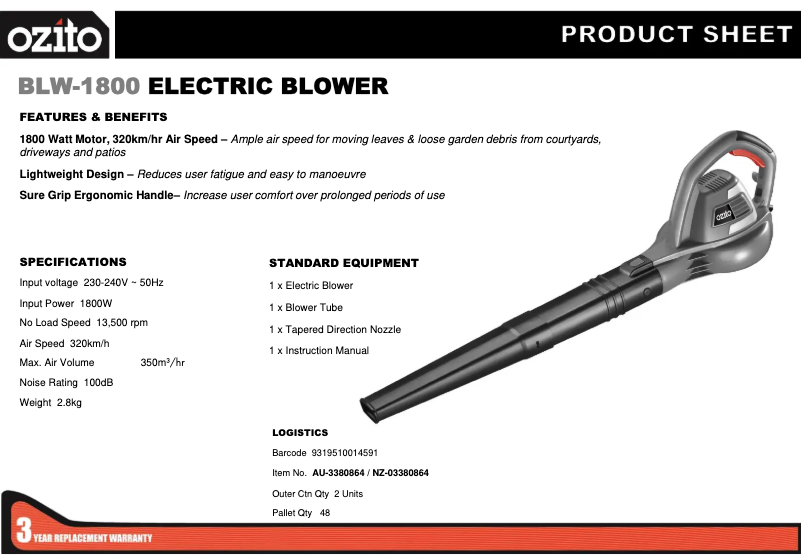 Page 1 de la notice Fiche technique Ozito BLW-1800