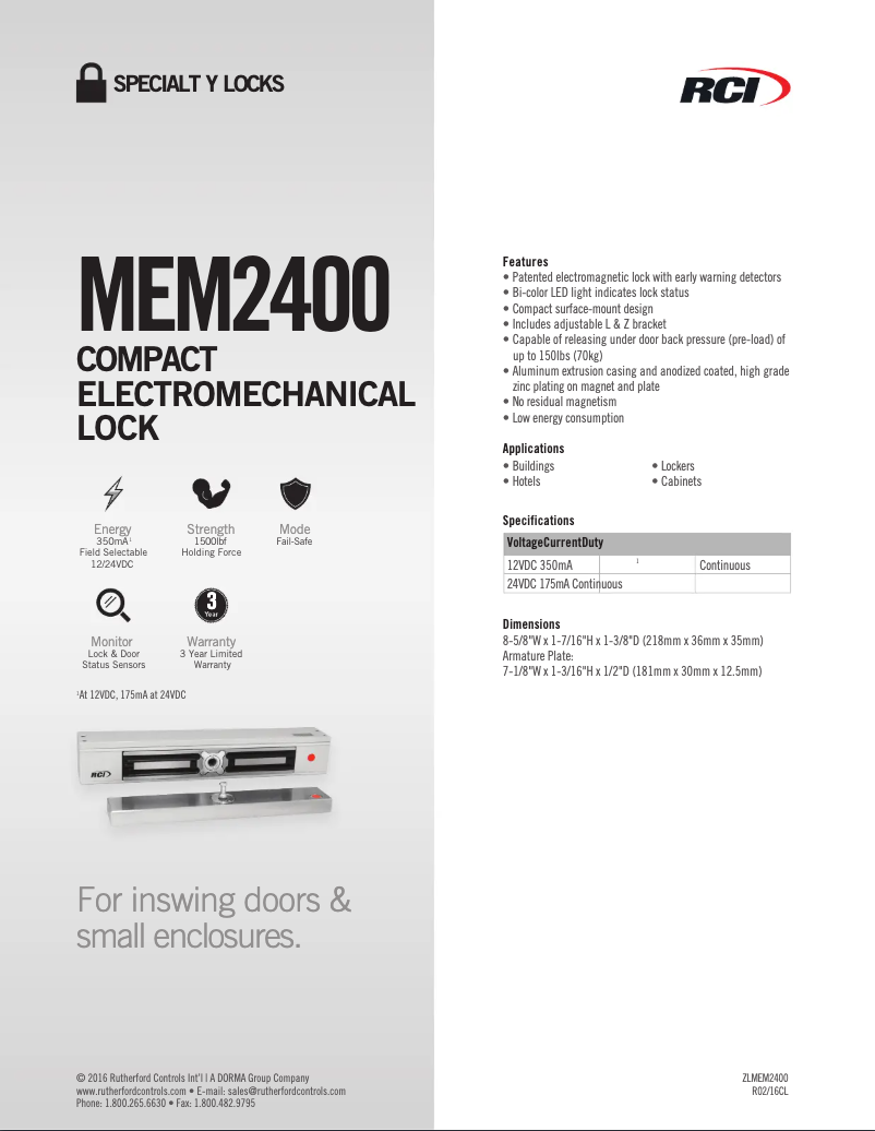 Page 1 de la notice Fiche technique Dormakaba RCI MEM2400