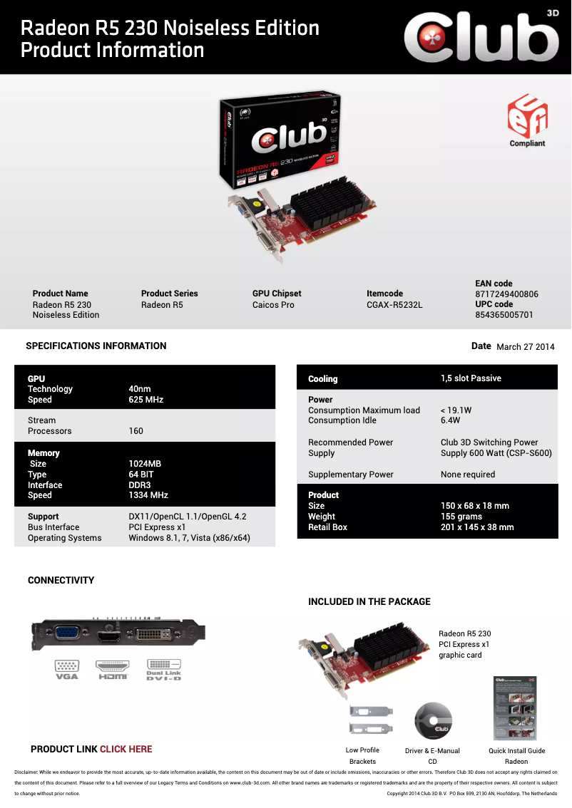 Page 1 de la notice Manuel utilisateur CLUB3D Radeon R5 230 1GB Noisless Edition