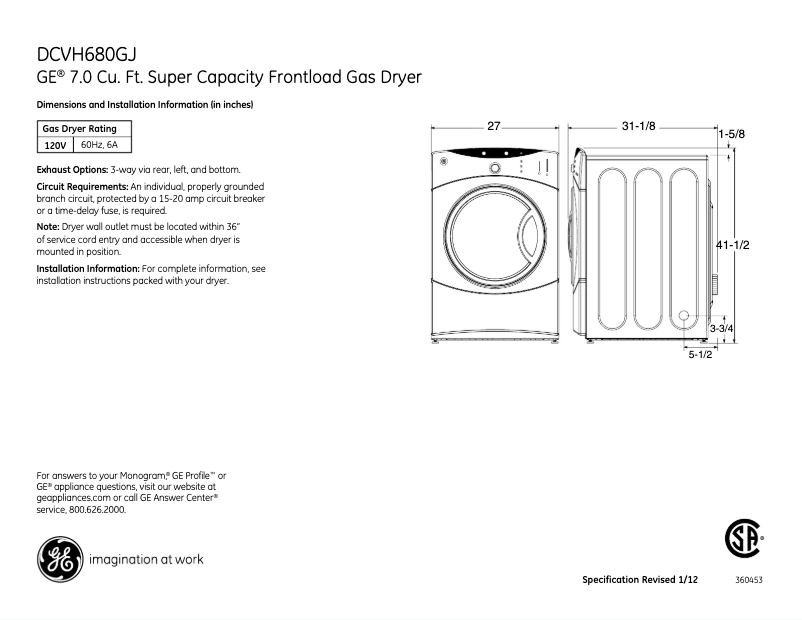 Page 1 of the manual Technical Sheet GE DCVH680GJMS