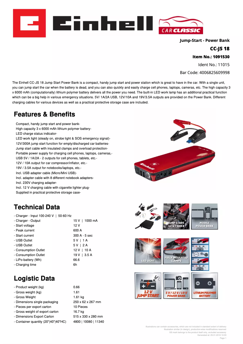 Page 1 de la notice Fiche technique Einhell CC-JS 18