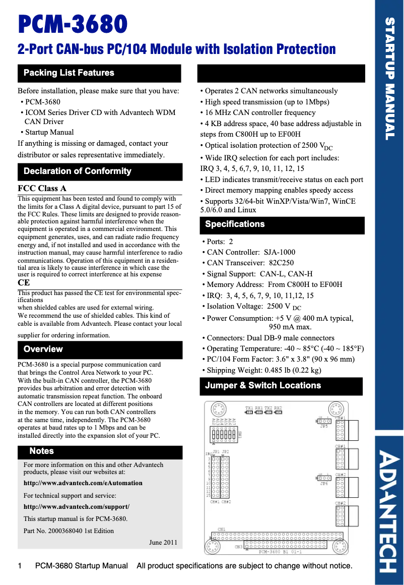 Page n°1 - Manuel utilisateur Advantech PCM-3680-BE