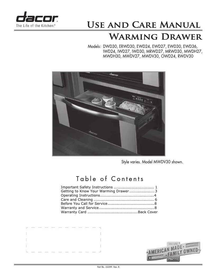 Page n°1 - Manuel d'utilisation et d'entretien Dacor IWD24
