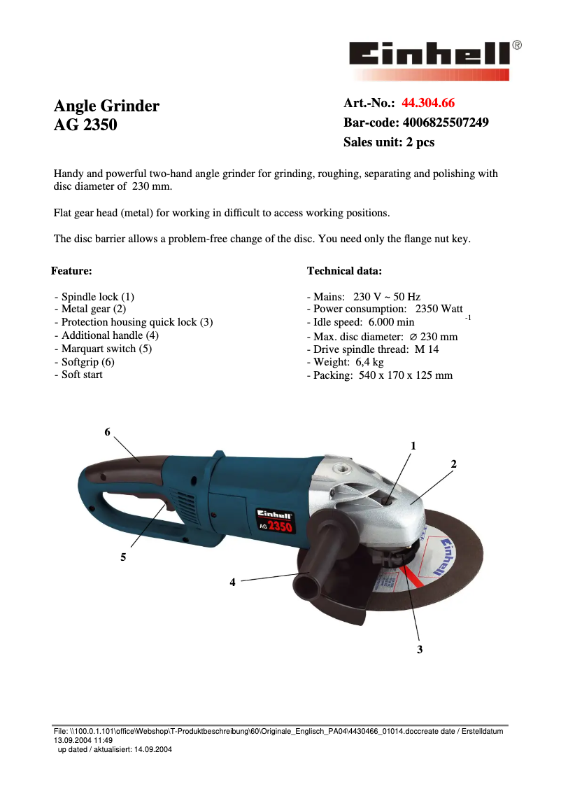 Page 1 de la notice Fiche technique Einhell AG 2350