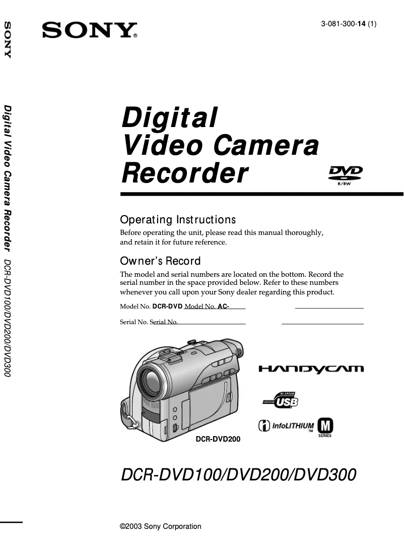 Page n°1 - Manuel utilisateur Sony Handycam DCR-DVD300