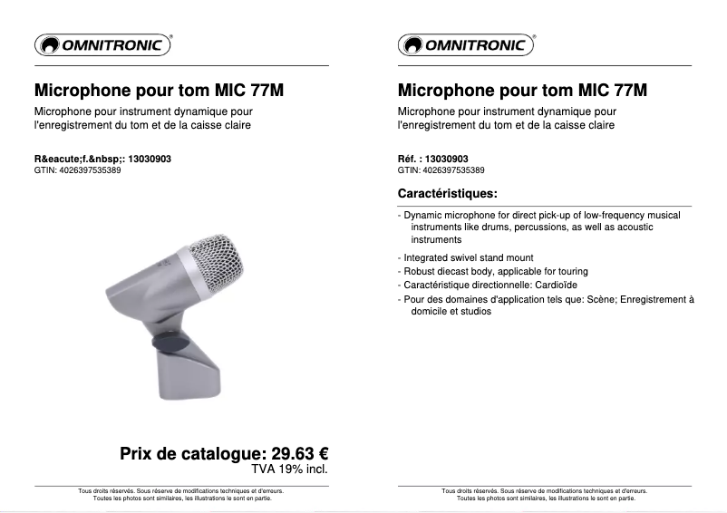 Página 1 del manual Ficha técnica Omnitronic MIC 77M