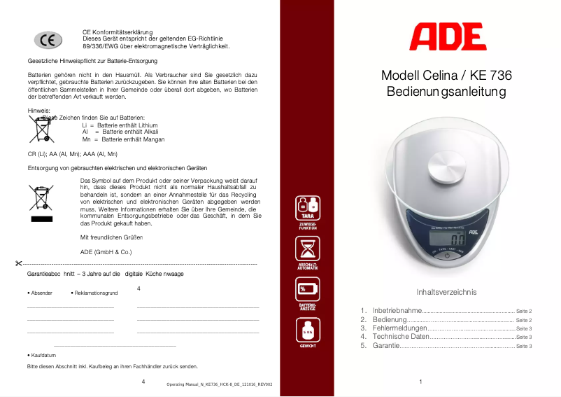 Page 1 de la notice Manuel utilisateur ADE Celina KE 736