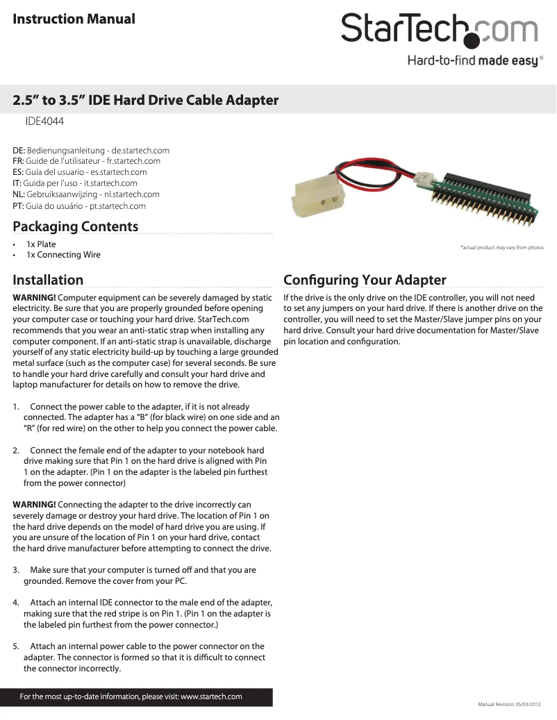 Page 1 de la notice Manuel utilisateur StarTech.com IDE4044