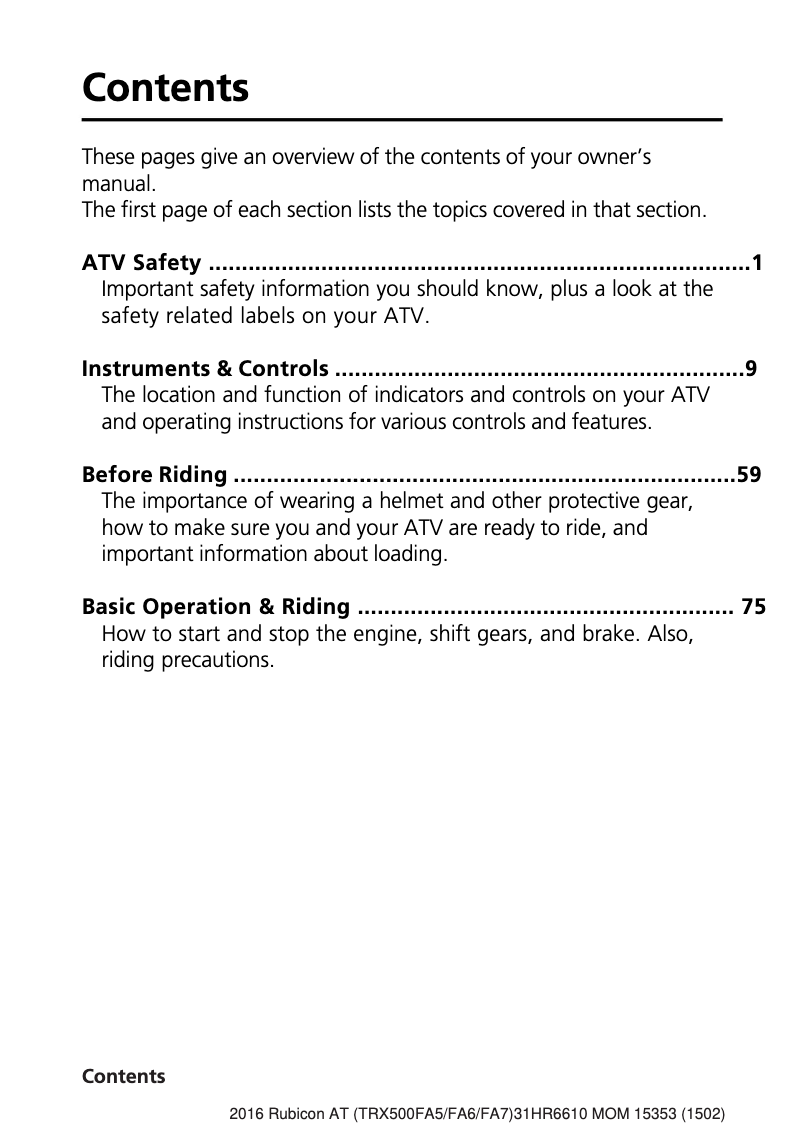 Page 1 de la notice Manuel utilisateur Honda Fourtrax Foreman Rubicon TRX500FA5 (2016)