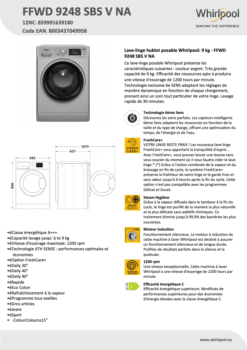 Page 1 de la notice Fiche technique Whirlpool FFWD 9248 SBS V NA