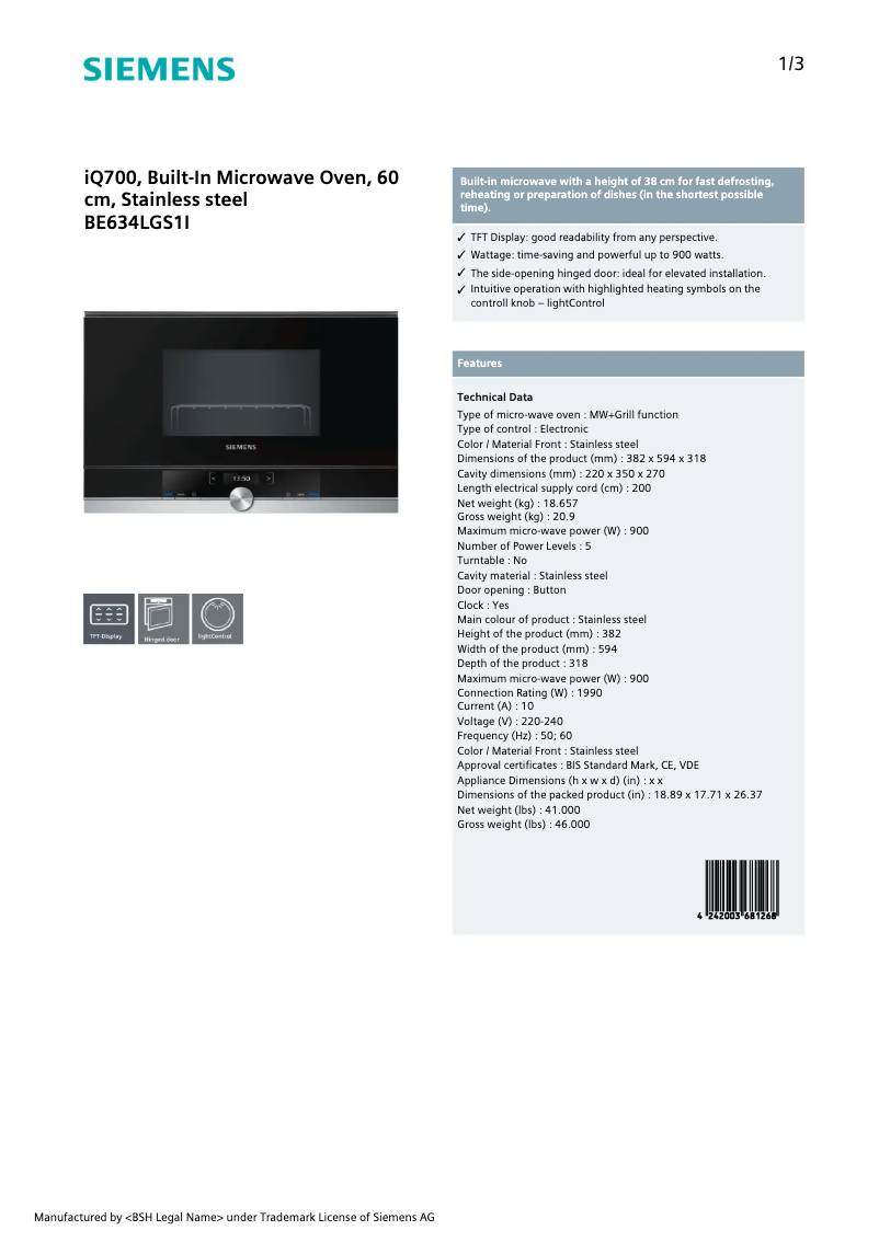 Page n°1 - Fiche technique Siemens BE634LGS1I