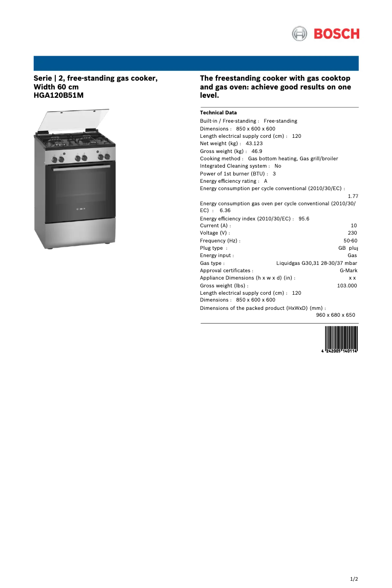Page 1 de la notice Fiche technique Bosch HGA120B51M