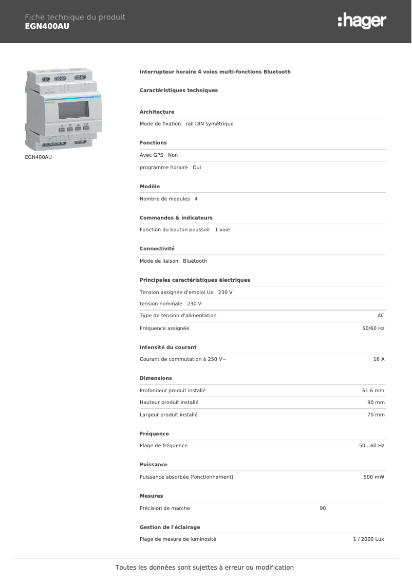 Page n°1 - Fiche technique Hager EGN400AU