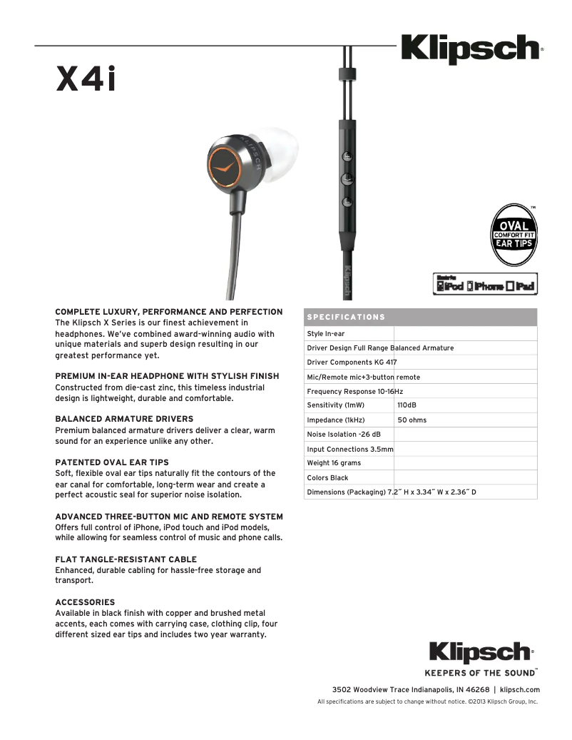 Page 1 de la notice Fiche technique Klipsch X4i