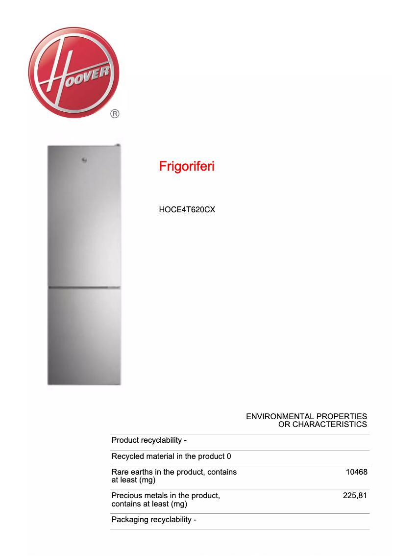 Page 1 de la notice Fiche technique Hoover HOCE4T620CX