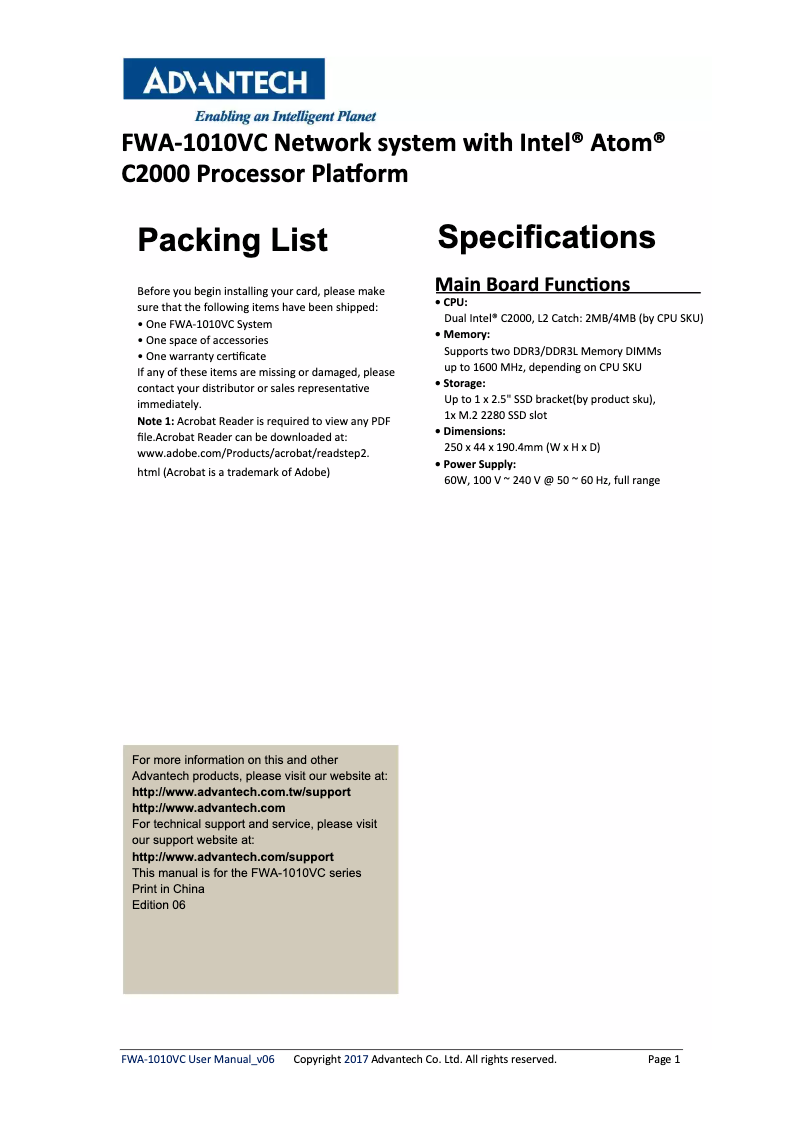 Page n°1 - Manuel utilisateur Advantech FWA-1010VC