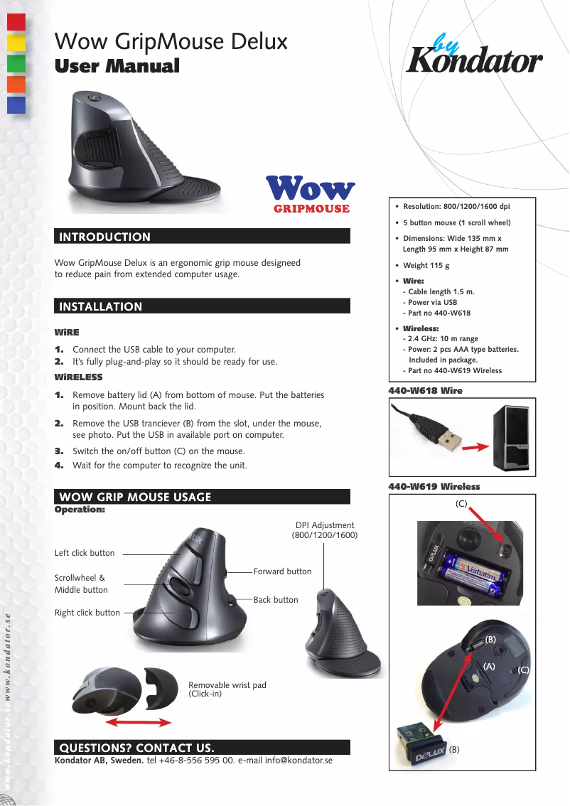 Page 1 de la notice Manuel utilisateur Kondator Wow GripMouse Deluxe 440-W619