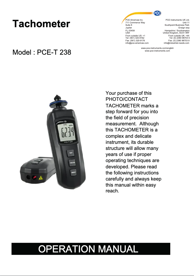 Page 1 de la notice Manuel utilisateur PCE Instruments PCE-T 238