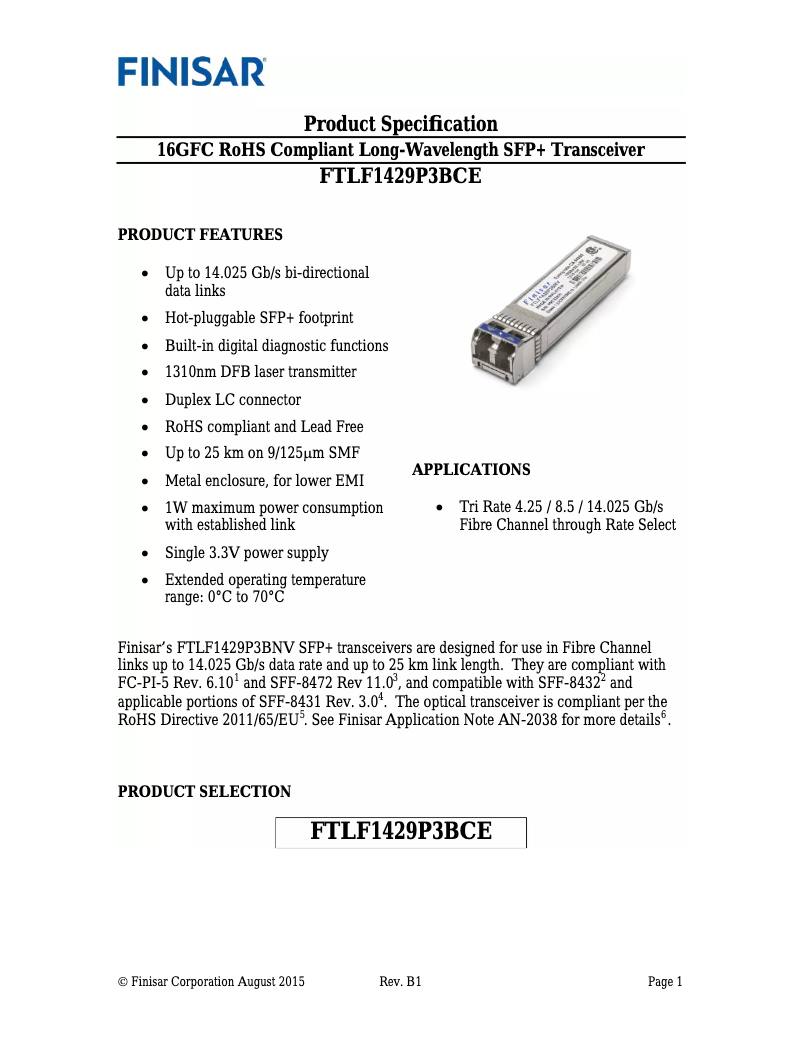 Page 1 de la notice Manuel utilisateur Finisar FTLF1429P3BCE
