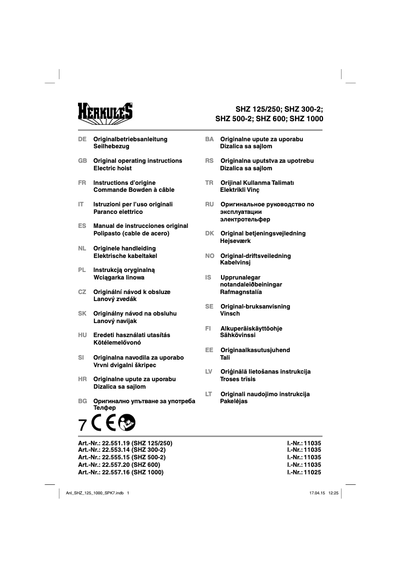 Page n°1 - Manuel utilisateur Herkules SHZ 125/250