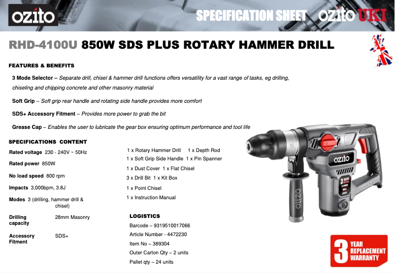 Page 1 de la notice Fiche technique Ozito RHD-4100U