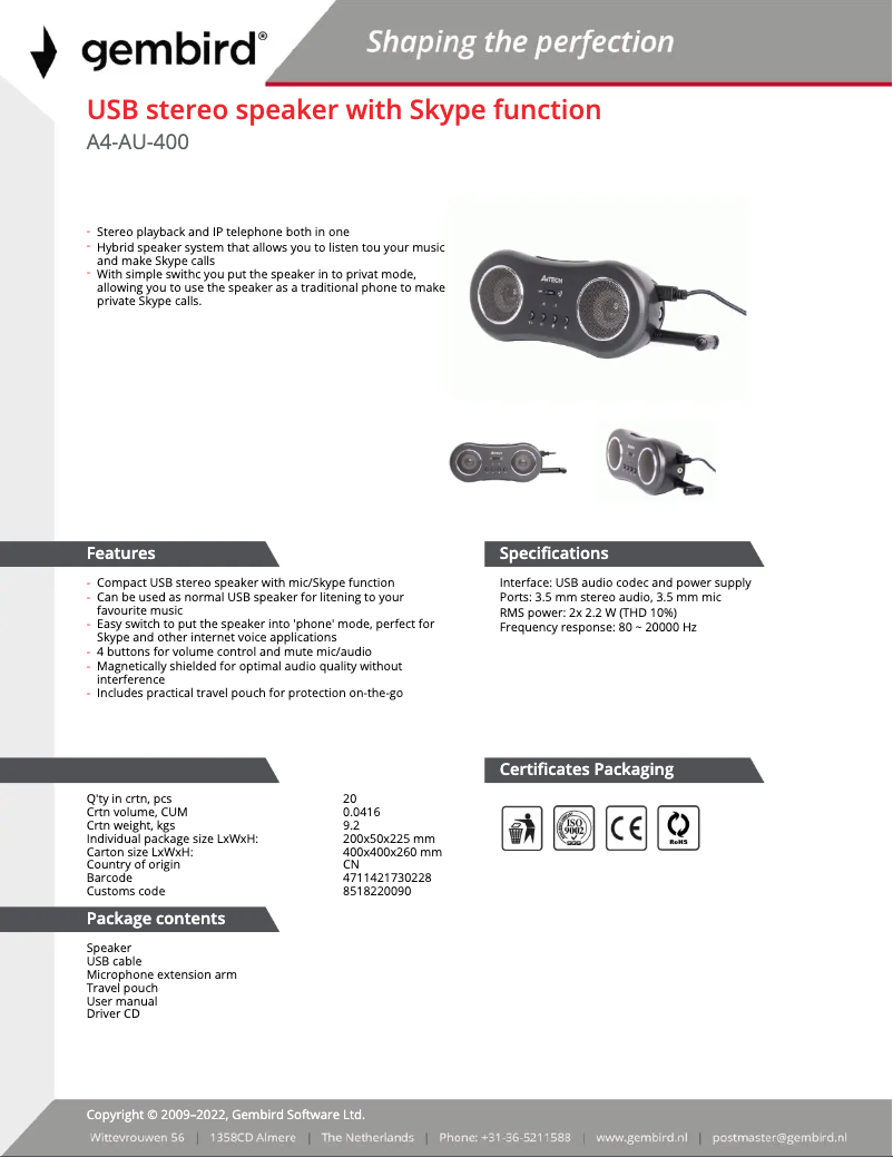 Page 1 de la notice Manuel utilisateur Gembird A4-AU-400