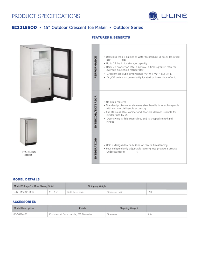 Page n°1 - Fiche technique U-Line U-BI1215OD