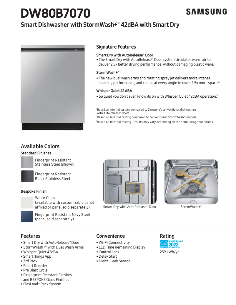Page 1 de la notice Fiche technique Samsung DW80BB707012AA