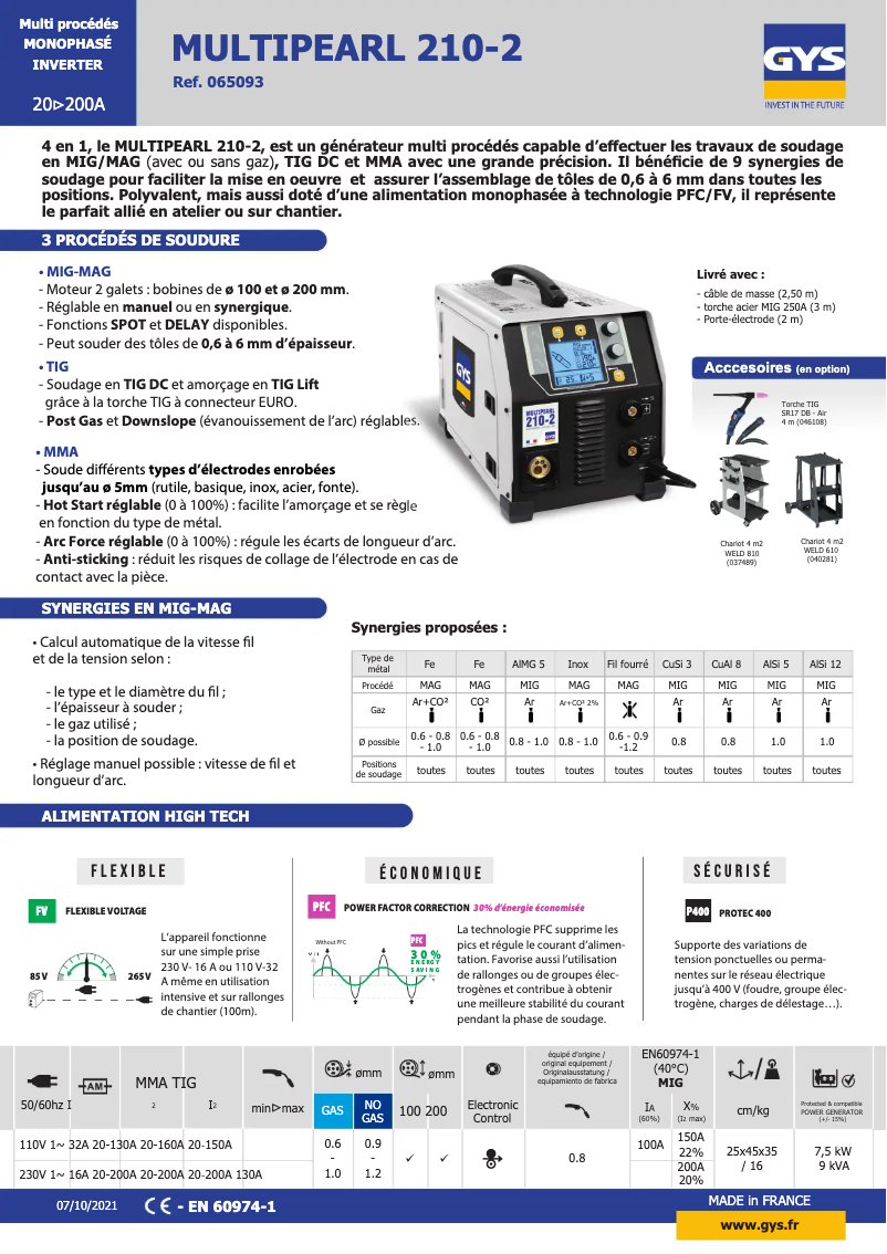 Page n°1 - Fiche technique GYS Multipearl 210-2