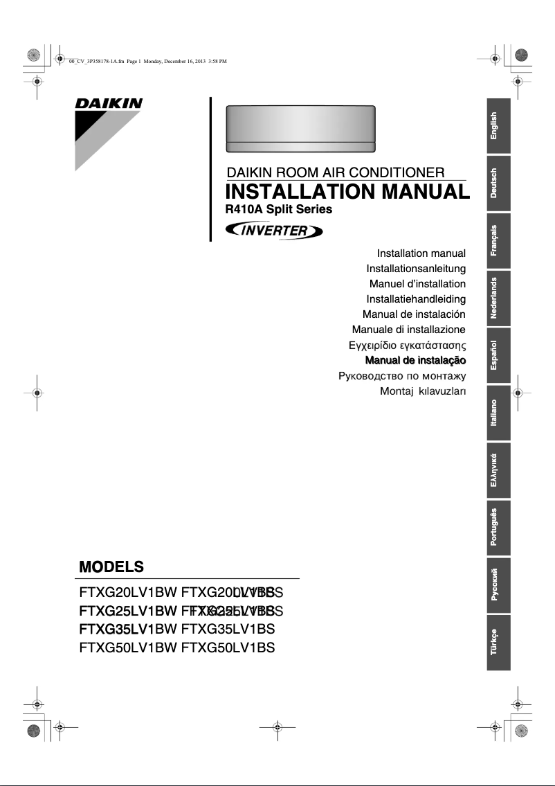 Page 1 de la notice Guide d'installation Daikin FTXG35LV1BW