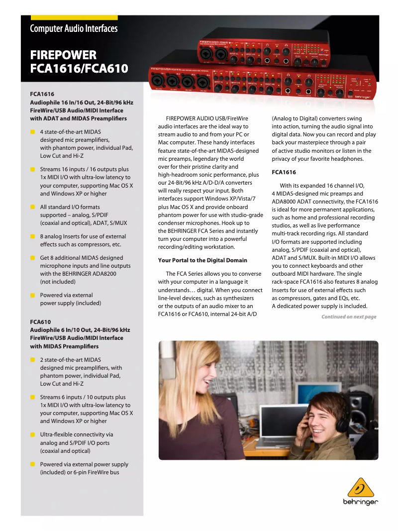 Página 1 del manual Folleto Behringer Firepower FCA1616
