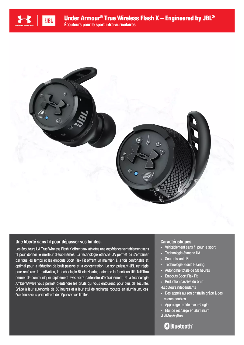 Page 1 de la notice Fiche technique JBL Under Armour True Wireless Flash X