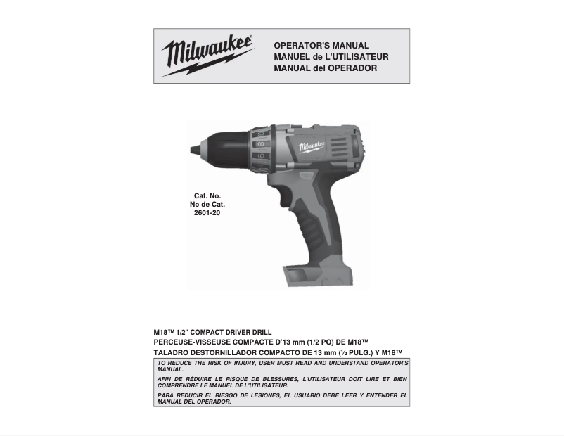 Page n°1 - Manuel utilisateur Milwaukee M18 2601-20