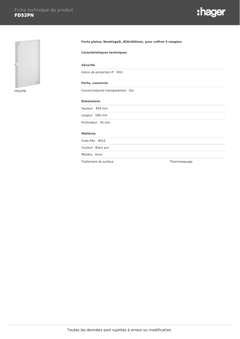 Page n°1 - Fiche technique Hager FD52PN