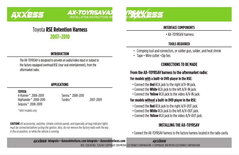 Page n°1 - Manuel utilisateur Metra AX-TOYRSAV